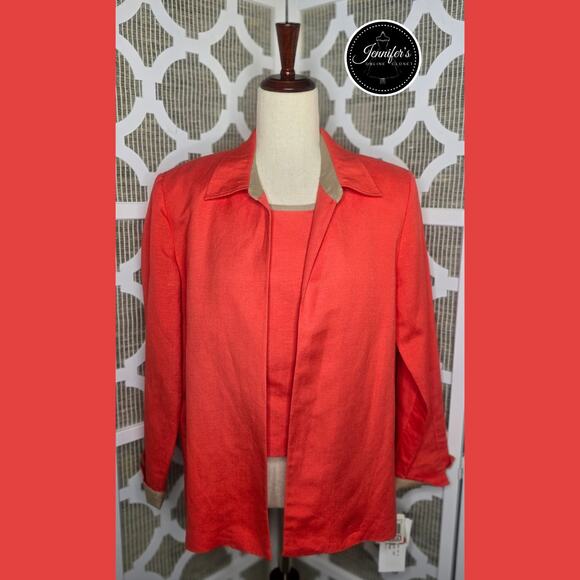 Plaza South Petite NWT Coral & Tan 2-Piece Linen Open Jacket and Top Size 12 - Picture 3 of 15